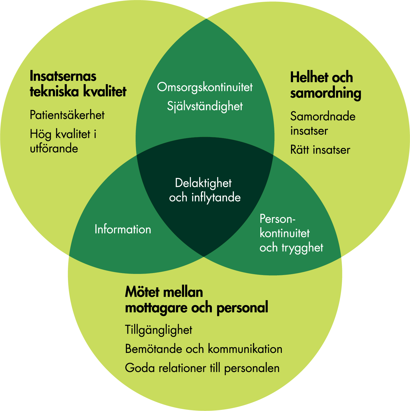 De tre områdena – helhet och samordning, insatsernas tekniska kvalitet samt mötet mellan personal och mottagare – överlappar och går in i varandra. Personkontinuitet och trygghet ingår exempelvis både i helhet och samordning samt i mötet mellan personal och mottagare. Delaktighet och inflytande ingår i alla tre områden.