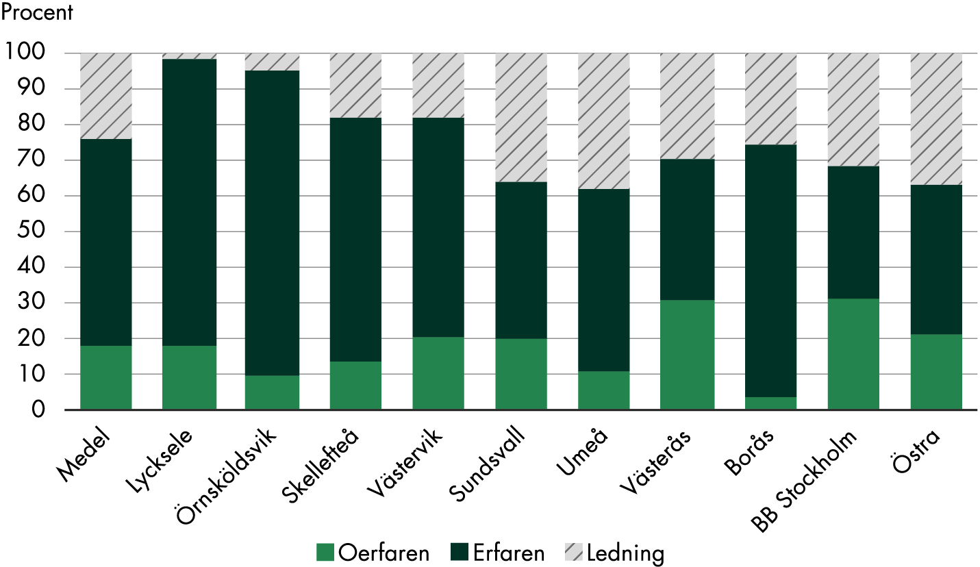 I genomsnitt bemannas 18 procent av arbetstimmarna av oerfarna barnmorskor, 58 procent av erfarna barnmorskor och 24 procent av barnmorskor med ledningskompetens. Andelen timmar bemannade av oerfarna barnmorskor varierar från 4 procent i Borås till 31 procent i Västerås och på BB Stockholm. Andelen timmar bemannade av erfarna barnmorskor varierar från 37 procent på BB Stockholm till 86 procent i Örnsköldsvik. Andelen timmar bemannade av barnmorskor med ledningskompetens varierar från 2 respektive 5 procent i Lycksele och Örnsköldsvik till 36-38 procent i Sundsvall, Umeå och på Östra sjukhuset.