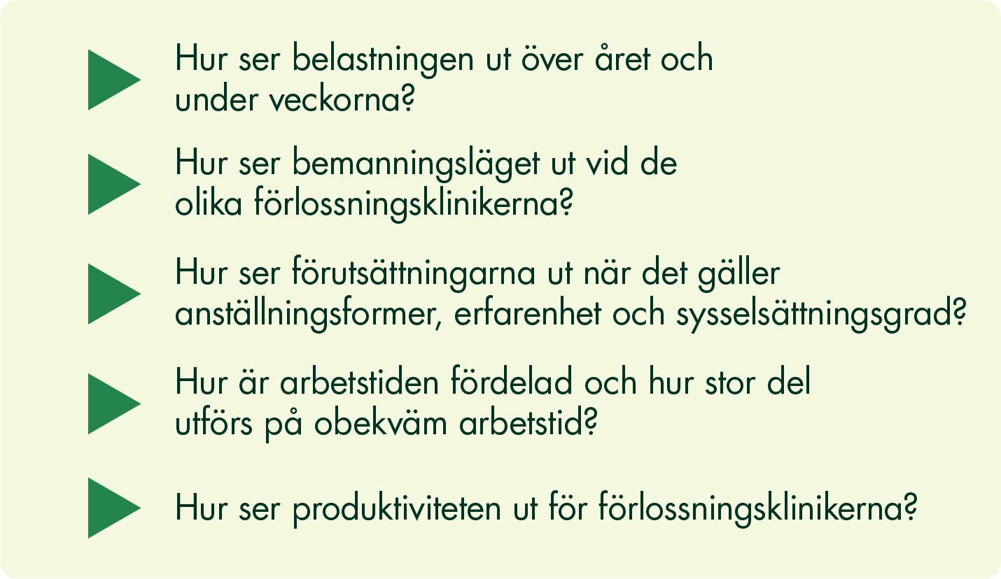 Våra frågeställningar är: Hur ser belastningen ut över året och under veckorna? Hur ser bemanningsläget ut vid de olika förlossningsklinikerna? Hur ser förutsättningarna ut när det gäller anställningsformer, erfarenhet, sysselsättningsgrad? Hur är arbetstiden fördelad och hur stor del utförs på obekväm arbetstid? Hur ser produktiviteten ut för förlossningsklinikerna?