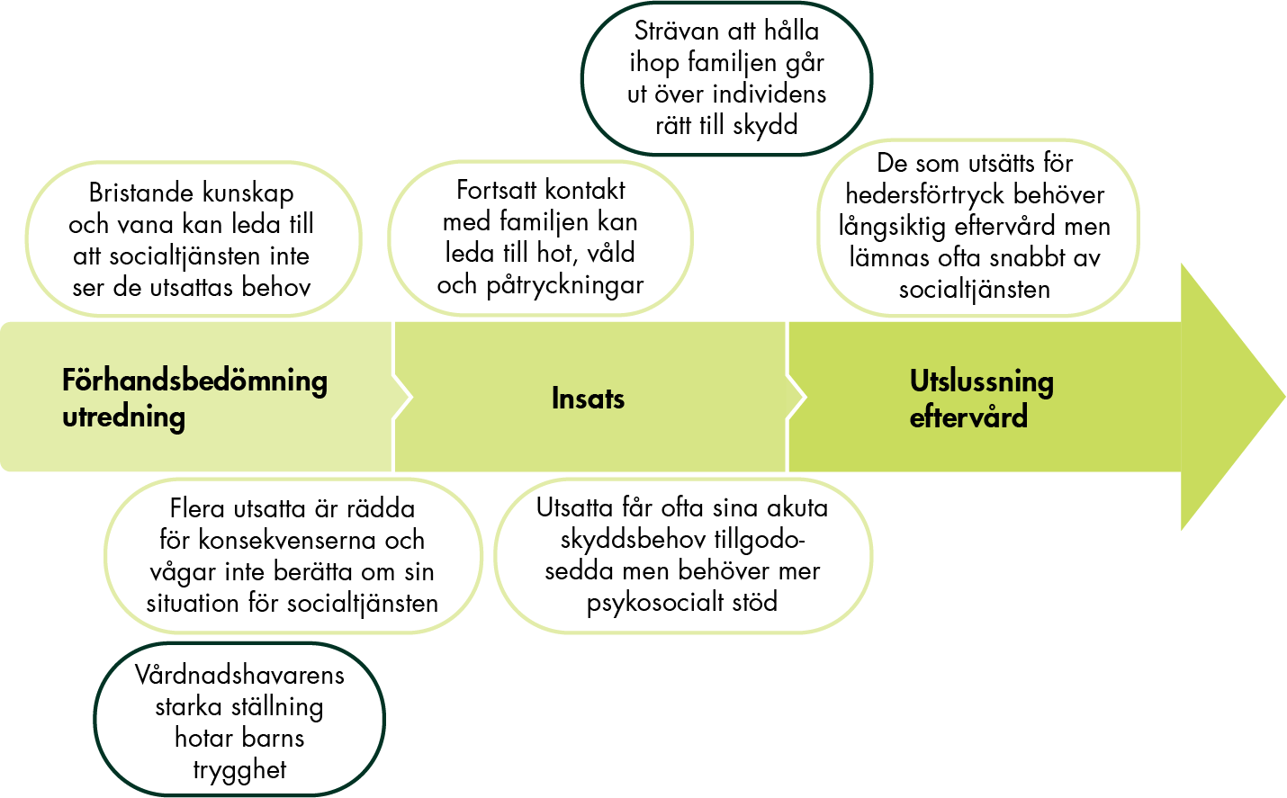 Sju problem beskrivs längs socialtjänstens stöd- och vårdkedja, se problemformuleringarna i punktlistan före figuren i dokumentet. 