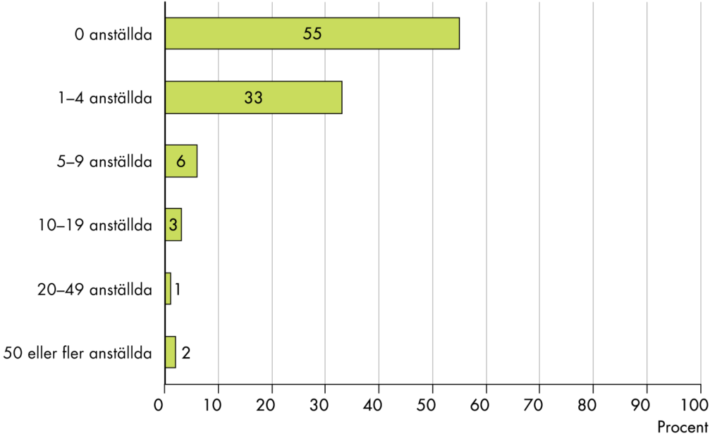 55 procent av verksamheterna drivs av företag utan anställda, 33 procent av företag med 1-4 anställda och övriga 12 procent av företag med 5 eller fler anställda.