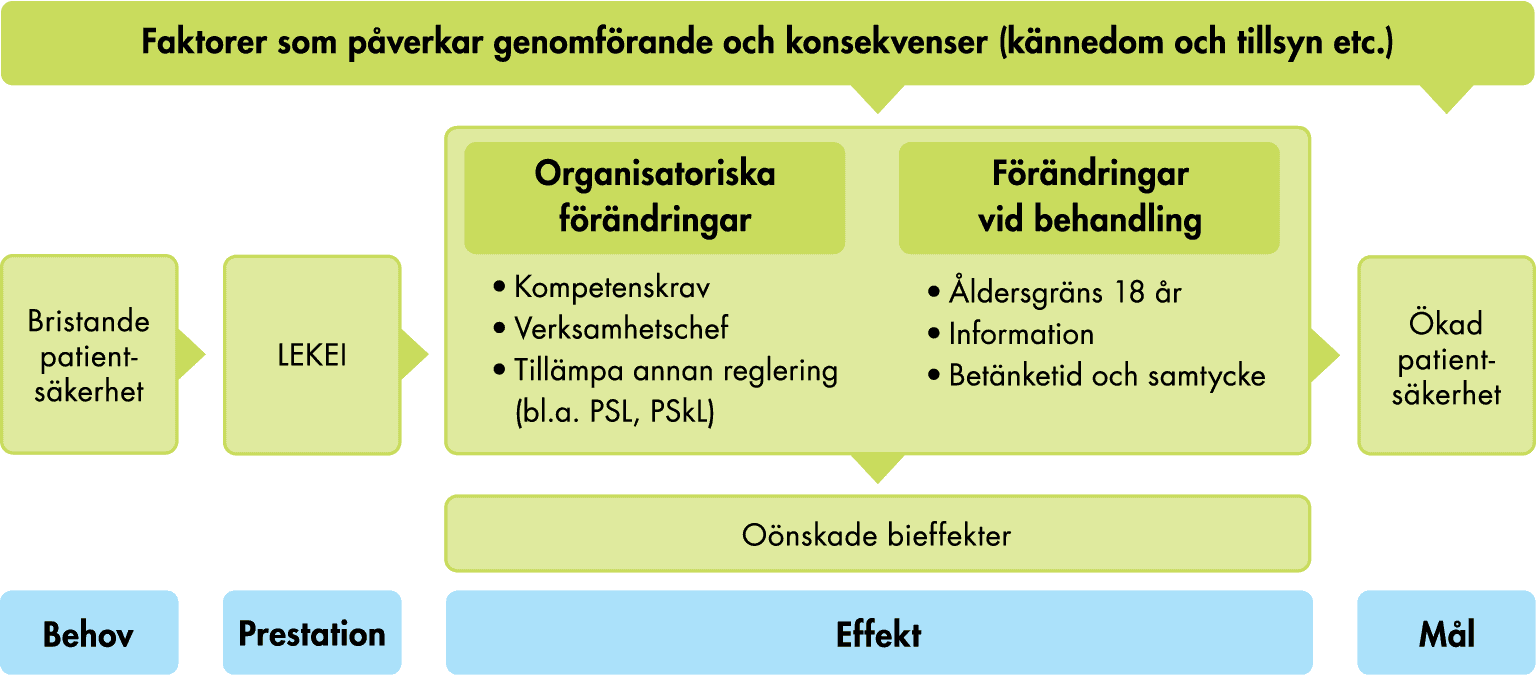 Ett behov i form av bristande patientsäkerhet leder till prestationen LEKEI, som ska leda till en effekt i form av förändringar av verksamheternas organisation och arbetssätt. Effekten ska leda till målet ökad patientsäkerhet men kan också ge oönskade bieffekter. Effekterna påverkas också av faktorer som kännedom om lagen och tillsyn.