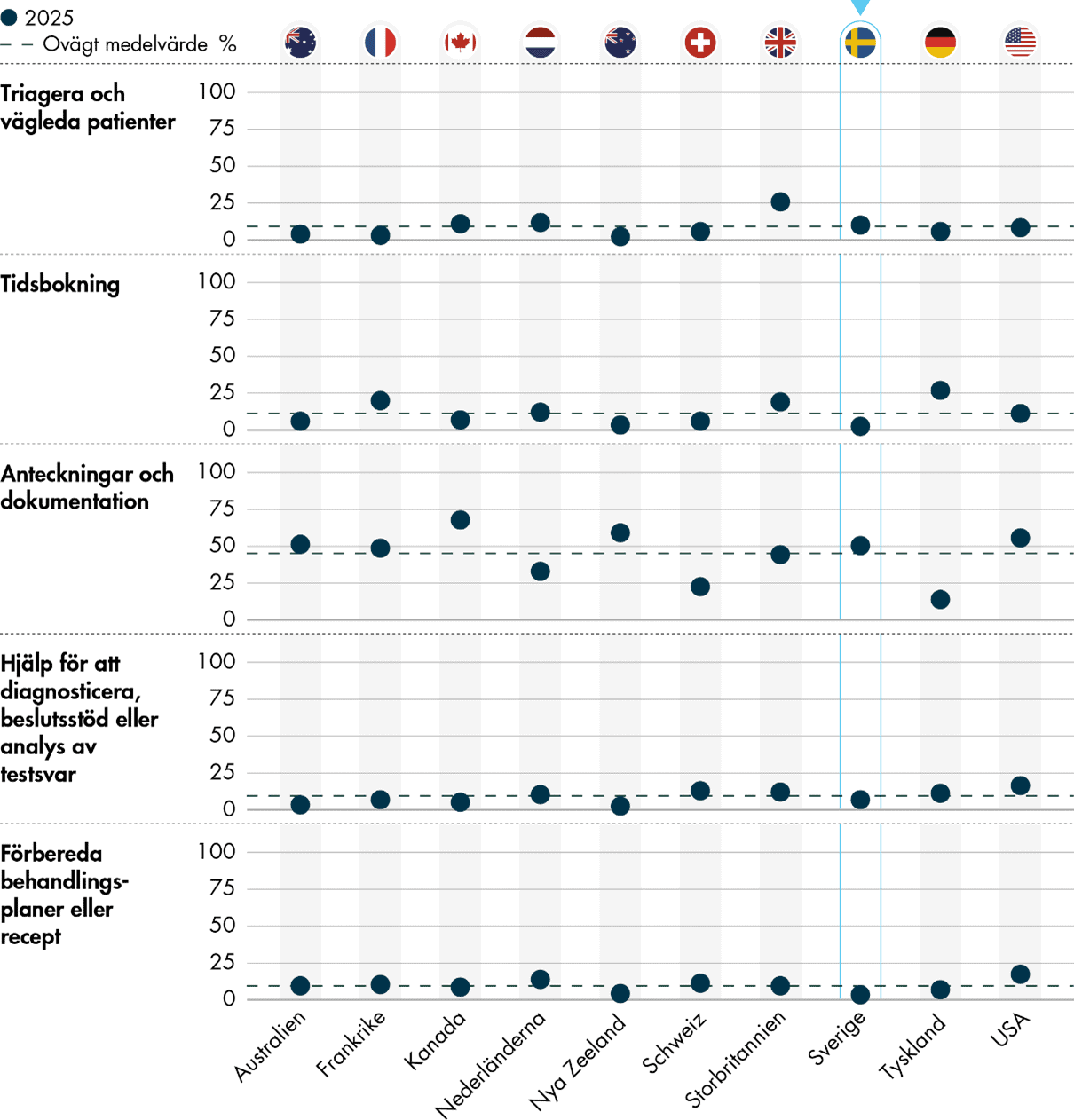 AI används framförallt för att anteckna och dokumentera, i Sverige och bland länderna generellt.