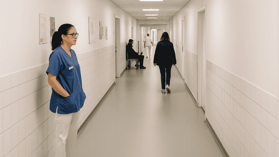 En läkare i en sjukhuskorridor. Hon har händerna i fickorna och tittar lätt uppgivet framför sig.