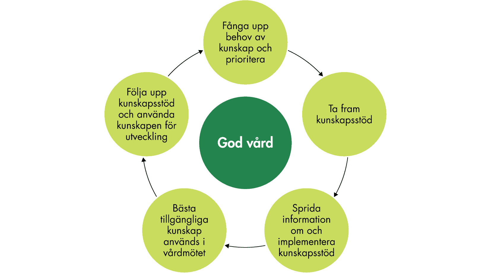 Kunskapsstyrningskedjan som ska bidra till en god vård består av delarna: Fånga upp behov av kunskap och prioritera, ta fram kunskapsstöd, sprida information om och implementera kunskapsstöd, bästa tillgängliga kunskap används i vårdmötet, följa upp kunskapsstöd och använda kunskapen för utveckling.