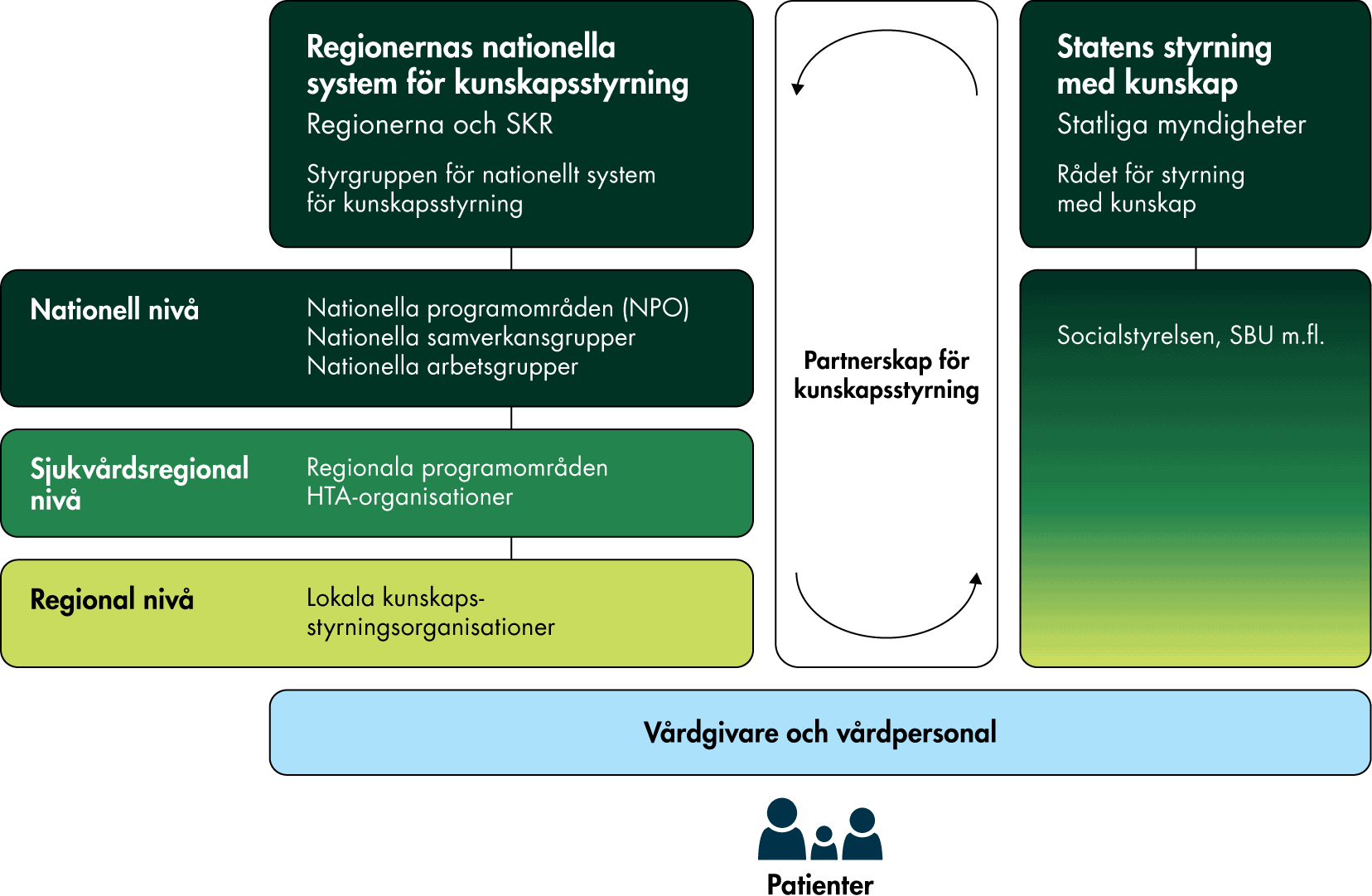 Regionernas nationella system för kunskapsstyrning består av regionerna och SKR. På nationell nivå finns nationella programområden, nationella samverkansgrupper och nationella arbetsgrupper; på regional nivå finns regionala programområden och regionala HTA-organisationer; på regional och kommunal nivå finns lokala kunskapsstyrningsorganisationer. Statens styrning med kunskap genomförs av statliga myndigheter som Socialstyrelsen, som framför allt verkar på nationell nivå. Partnerskapet för kunskapsstyrning koordinerar statens kunskapsstyrning och regionernas nationella system för kunskapsstyrning.