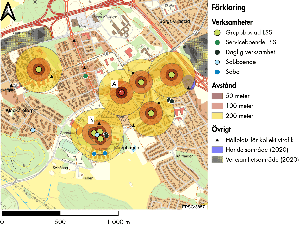 Kartexempel på gruppbostäder som bildar kluster i en mellanstor stad.