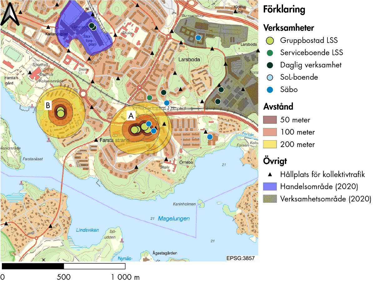 Kartexempel på gruppbostäder som bildar kluster i en storstad.