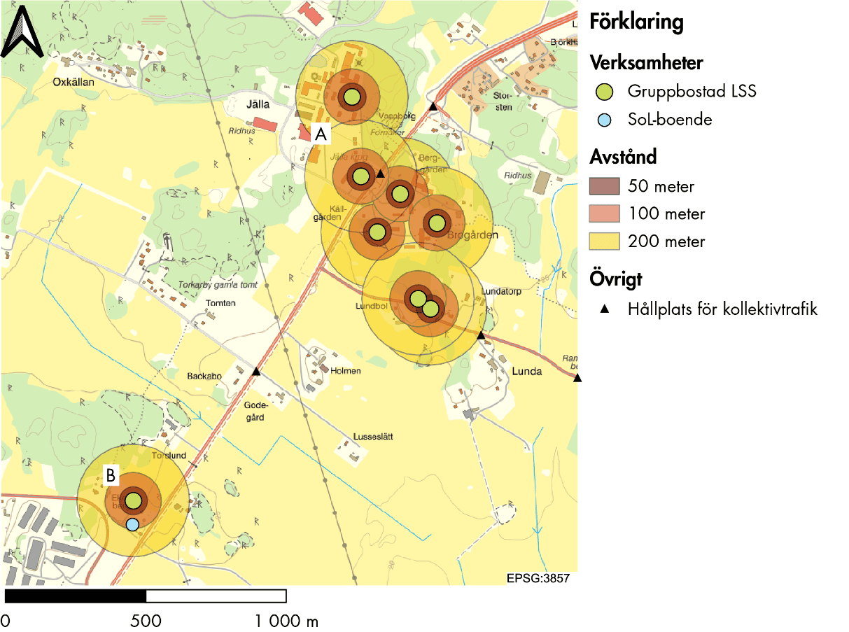 Kartexempel på gruppbostäder som bildar kluster på landsbygden utanför en större stad.