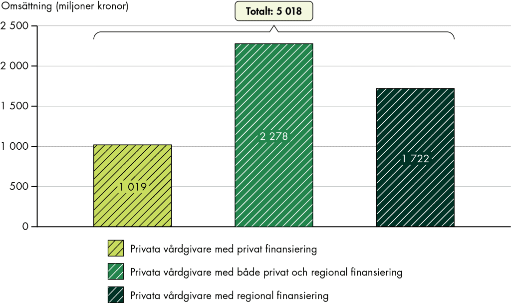 Privata vårdgivare med privat finansiering omsatte 2024 ca 1 miljard. Vårdgivarna som bedriver både privat finansierad verksamhet och har regional finansiering omsatte ungefär 2,3 miljarder. De privata vårdgivarna som enbart har regional finansiering omsatte cirka 1,7 miljarder.
